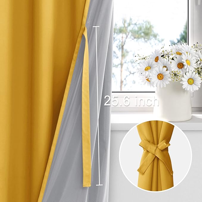 XWZO 100% Blackout Curtains 45 Inches Long with Tiebacks- Soundproof & Energy Efficiency Window Draperies Grommet Top with Black Liner for Bedroom/Living Room, Yellow, W52 x L45, Set of 2