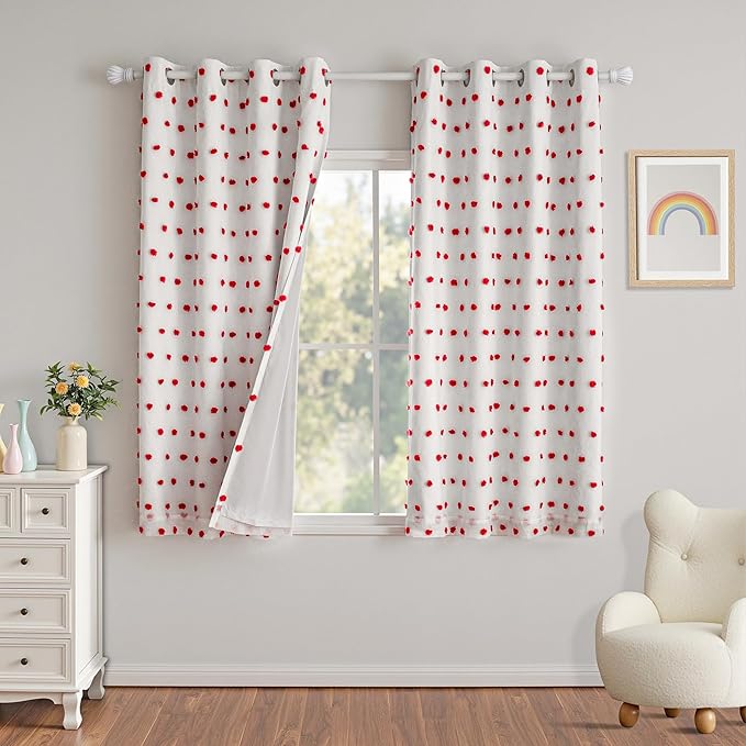 MYSKY HOME Blackout Curtains for Girls Bedroom 63 Inch Long Red Pom Pom Curtains for Kids Room 2 Panels 100% Room Darkening Window Treatment 2 Layered Drapes Toddler Grommet 52W x 63L