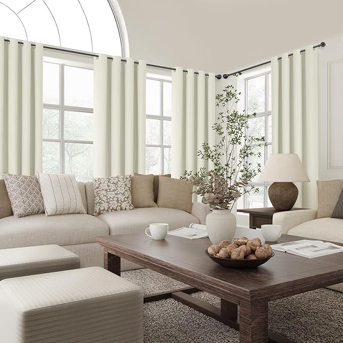 ChrisDowa 100% Blackout Ivory Solid Curtains 120 Inches Long 2 Panels for Bedroom Living Room,Farmhouse Room Darkening Thermal Insulated Soundproof Grommet Top Window Treatment Drapes,52x120