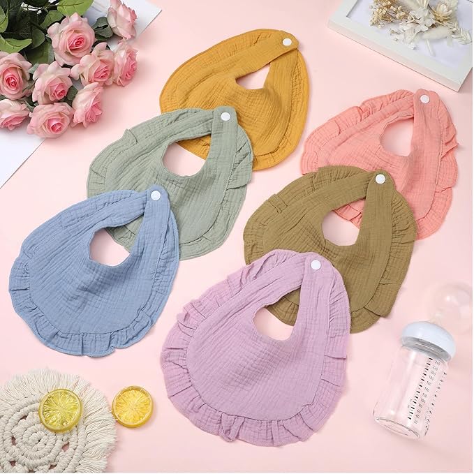 Seematn 10 Pcs Baby Muslin Bibs for Unisex Girls & Boys Drool Bibs Bandana Ruffle Soft Cotton for Newborn Infants Toddlers(Light Colors)