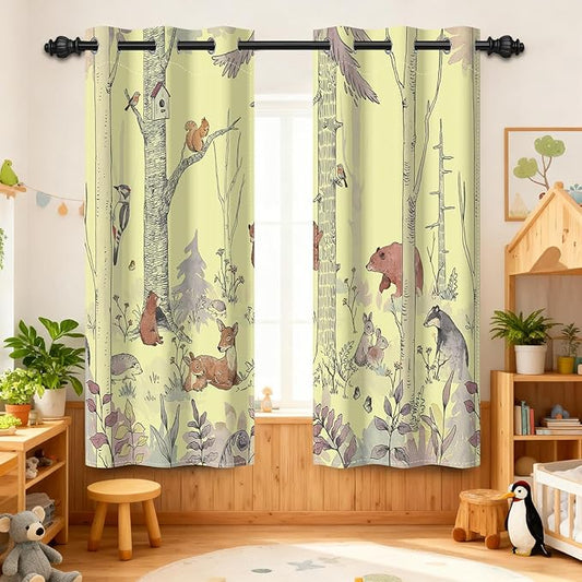 Kids Blackout Curtains for Nursery, Boy's Woodland Animal Print Curtains for Bedroom, Cartoon Room Darkening Window Drapes 2 Panels Set, Yellow, 42W x 63L