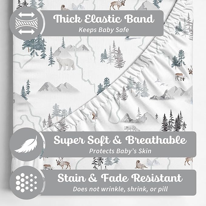 Crib Sheets Neutral - Fitted Baby Crib Sheets Bed for Girl Boy - 2 Pack Standard & Toddler Mattress - Buttery Soft Organic Cotton Blend (Arctic Journey)