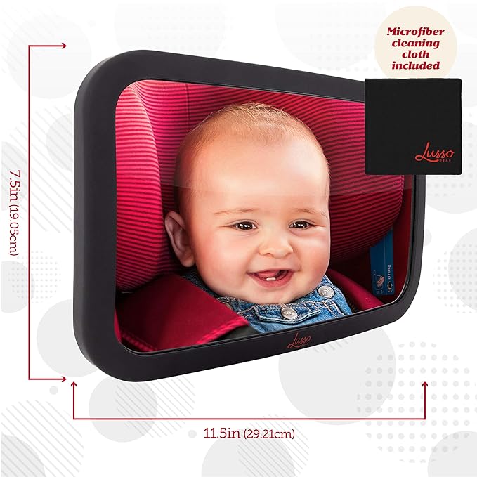 Lusso Gear Baby Car Mirror - Shatter-Resistant Glass & Stable Rear-Facing Headrest Mount - Wide-Angle Baby Mirror for Car Backseat View - Auto Essentials for Babies - 11.5 in, Black