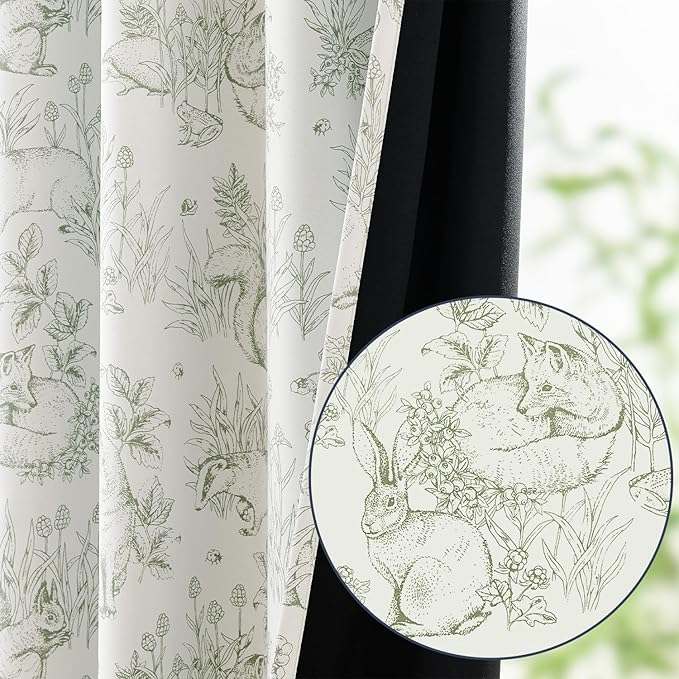 jinchan Blackout Nursery Curtains 63 Inches Long, Bunny Woodland Toile Curtains Sage Green on Beige Animal Printed Drapes for Bedroom Thermal Insulated Farmhouse Rod Pocket Window Treatment 2 Panels