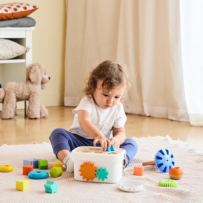 Amazon Basics Wooden Shape Sorter and Rainbow Stacker Classic Baby Toy Set-Sorting Play For Infants Age 12M+, Medium, Multicolor
