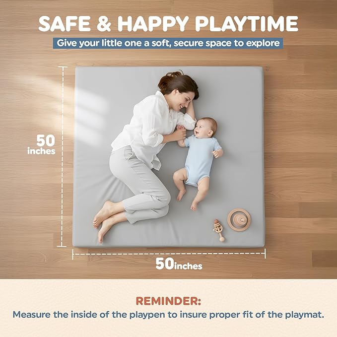 Thick Baby Play Mat – 50x50x1 Rollable Foam Floor Mat for Kids, Tummy Time, Crawling & Safe Indoor Play – Waterproof, Non-Toxic & Easy to Clean – Grey
