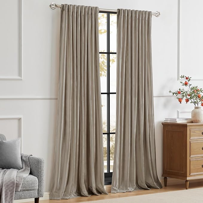 PRIMROSE Taupe Curtains 102 inch for Living Room,2 Panels Velvet Drapes Blackout Rod Pocket Back Tab Window Treatment Room Darkening Decorative Thick Curtains for Bedroom