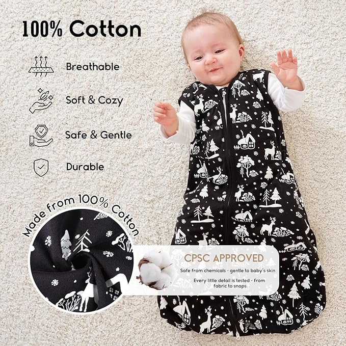 Yoofoss Baby Sleep Sack 0-6 Months 0.5 TOG Baby Wearable Blanket, 100% Organic Cotton Infant Toddler Sleeping Sack 2-Way Zipper Lightweight Sleep Sack, Black Forest