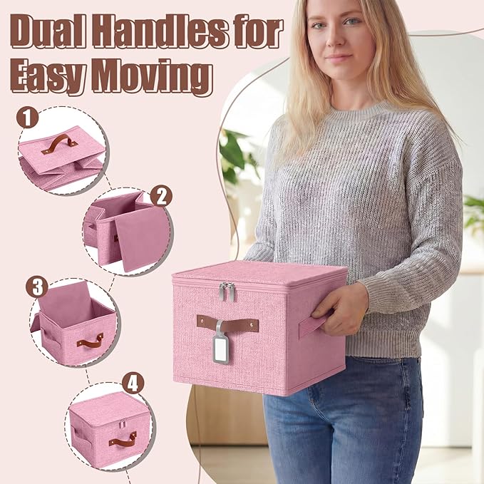 6 Pack Fabric Closet Storage Bins with Zipper Lids and Label, 10×8×7In Large Size Foldable Cotton Linen Storage Cubes Boxes with PU Leather Handles Holders for Bedroom, Nursery, Pink
