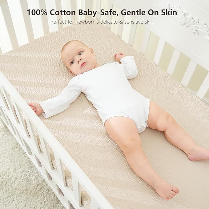 Bearmoss Muslin Mini Crib Sheets for Pack N Play Mattress - 100% Cotton - 38"x26" Soft Breathable Playard Baby Crib Sheets Neutral for Boys Girls - 2 Pack (Oat Latte)