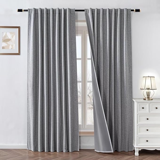 100% Blackout Curtains 96 inch Length 1 Panel Faux Linen Long Drapes for Bedroom Living Room Black Out Room Darkening Curtain Thermal Insulated Back Tab Rod Pocket(W100 x L96, Off-White)