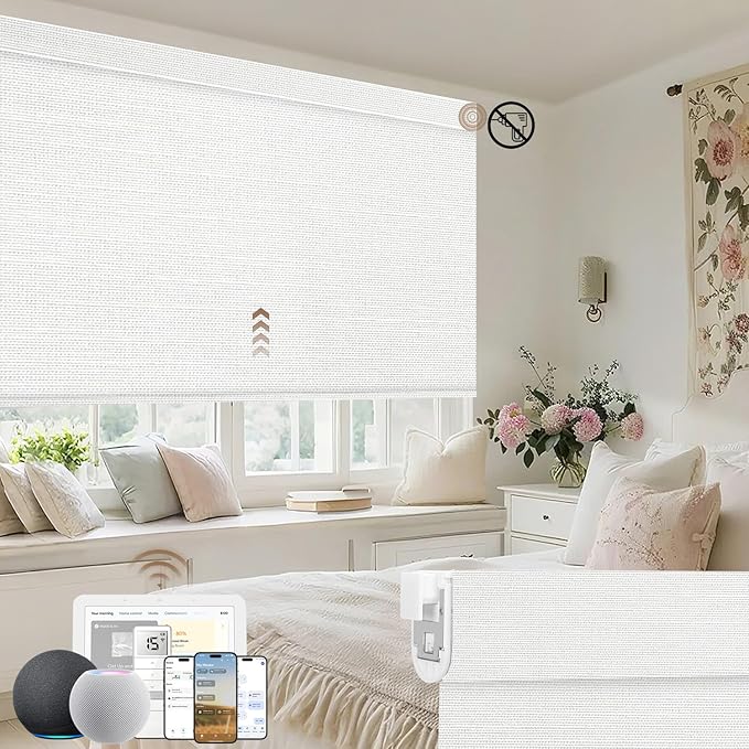 Kincmo No Drill Motorized Blinds with Remote, 100% Blackout Roller Shades for Windows, Custom Electric Blinds Compatible with Alexa, Apple Homekit, Google Home (100% Blackout Dreamy White)