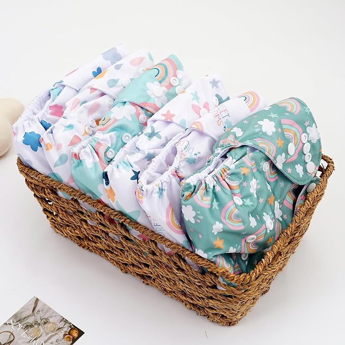 CoolaPeach 12 Set Reusable Adjustable Cloth Diapers for Newborn to 0-3 Years,One Size Washable Pocket Nappy Covers for Baby Girl and Boy,6 Pack Cloth Diapers+6pcs Microfiber Inserts(Green 2)