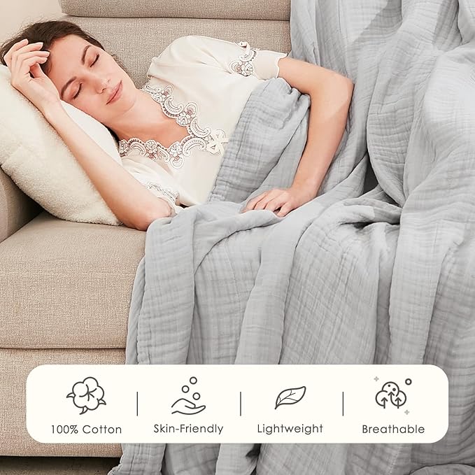 EMME Cotton Muslin King Blanket Big Oversized Bed Layering Bedspread Coverlet Breathable Gauze Soft Lightweight Blankets (Light Grey, 120"x94")