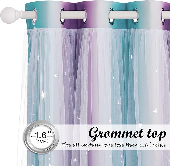 NICETOWN Moon Star Curtains for Nursery, Double Layer Rainbow Blackout Grommet Ombre Curtains with Sheer for Living Room, Nursery, Girls Bedroom 1 Pair, 52W x 84L, Teal & Purple