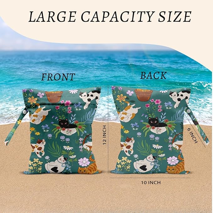Cat Wet Bags 12x10 Inch, Flowers Waterproof Wet Dry Bags, Colorful Floral Reusable Washable Travel Laundry Bag for Swimsuit Beach Diapers Dirty Yoga Gym Clothes, Cat Gifts for Women Friend Travelers