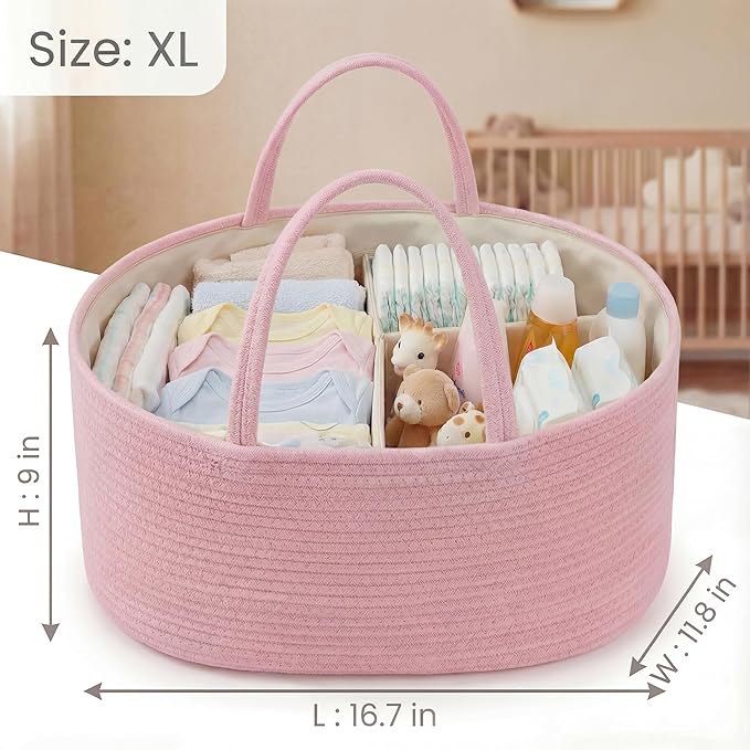 luxury little Diaper Caddy Organizer, Large Cotton Rope Nursery Baby Basket, Changing Table Organizer for Baby Diaper Storage, Portable Car Organizer Removable Divider (Light Pink, Extra Large)