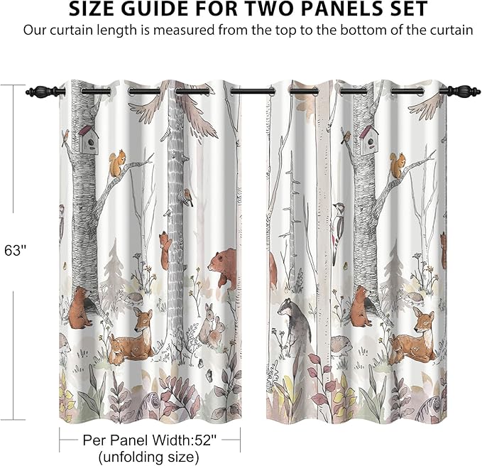 Kids Blackout Curtains for Nursery, Boy's Woodland Animal Print Curtains for Bedroom, Cartoon Room Darkening Window Drapes 2 Panels Set, White, 52W x 63L