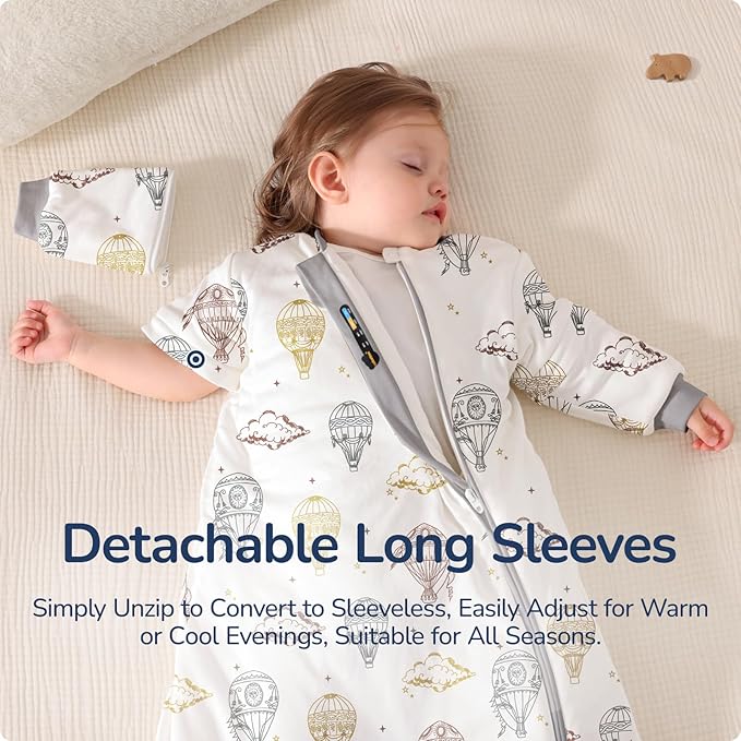Baby Sleep Sack 12–18 Months, 2.5 TOG Warm Cotton Sleep Sack with Detachable Long Sleeves, Winter Wearable Blanket for Cold Nights, 2-Way Zipper Toddler Sleeping Sack, Hot Air Balloon