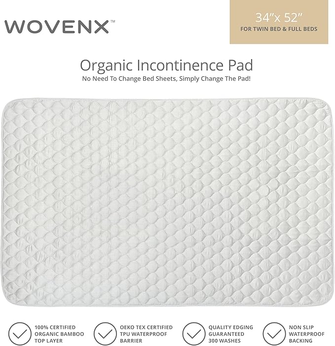 WOVENX Organic Incontinence Pads for Kids & Toddlers - 5 Layer Waterproof Protectors for Overnight Bed Wetting - Reusable & Washable Pee Pads - Fits Twin to Full Size Beds - 34" x 52" White