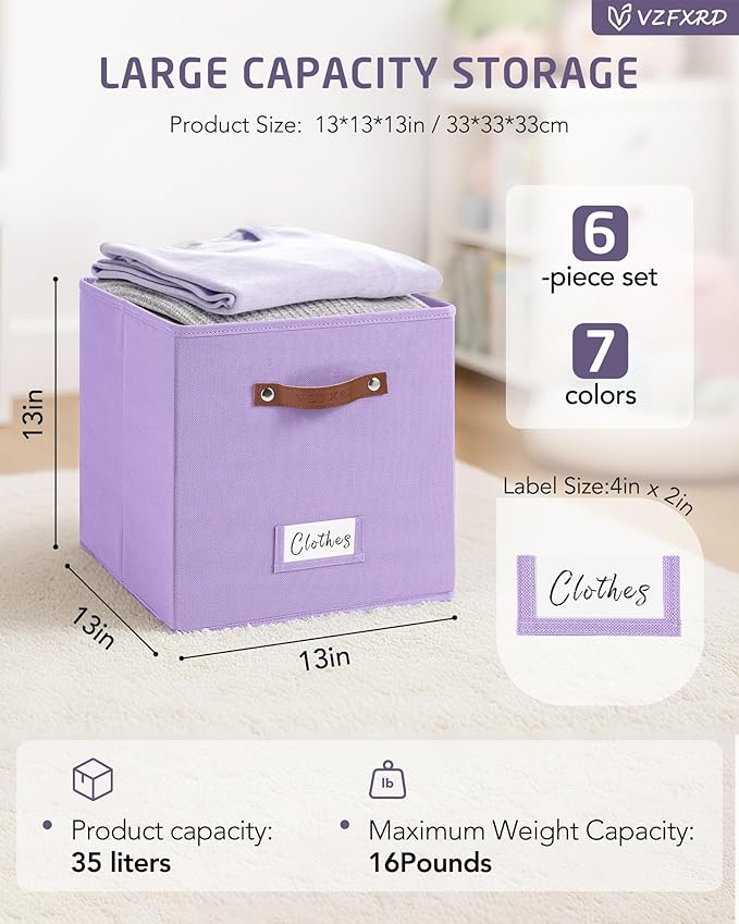 13 Inch Cube Storage Bin Fabric Basket with Handles and Labels, Cube Storage Organizer for Closet, Bedroom, Living Room (Purple,6 Pack)