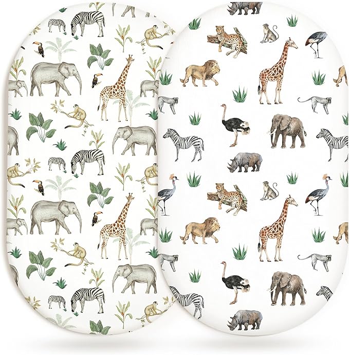 Bassinet Sheets for Baby Girls Boys 2 Pack, Fitted Baby Mattress Sheet for Rectangle, Oval, Hourglass Bassinet Mattress, Breathable Cozy & Universal Fit (Jungle Journey)