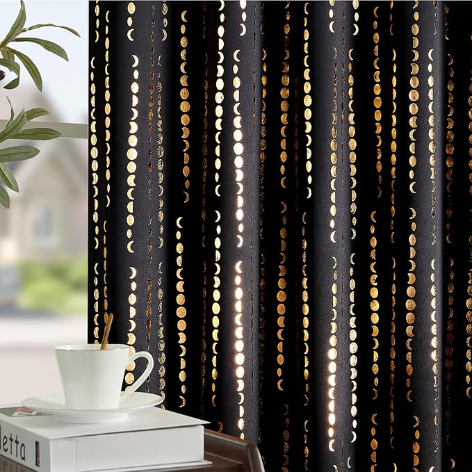 jinchan 95% Blackout Curtains 84 Inch Long for Bedroom Boho Curtains Moon Phases Printed Golden on Black Drapes Rod Pocket Back Tab Darkening Retro Bedroom Pattern Curtains 2 Panels