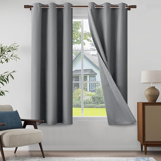 100% Blackout Linen Textured Curtains 72 Inch Length 2 Panels Set for Living Room, Bedroom, Light Weight Curtains with Grommets Top, Full Blackout Curtains Privacy Protection, Gray, 37" W x 72" L