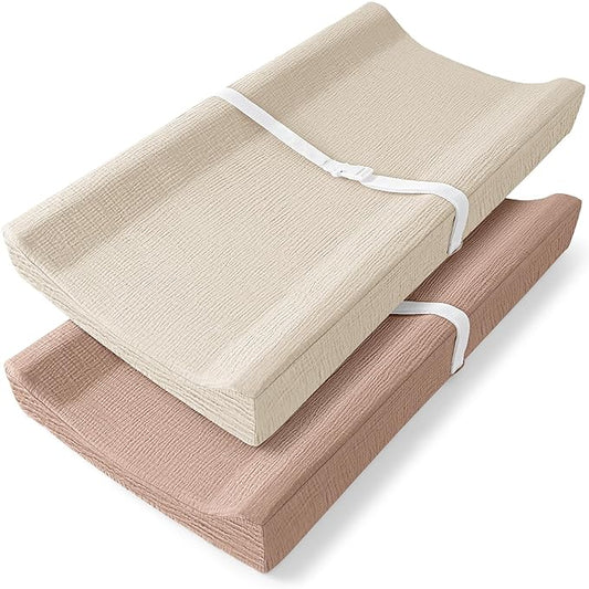 Bearmoss Changing Pad Cover, 2 Pack Muslin [100% Cotton] Diaper Changing Table Covers, 32'' x 16'' Soft Breathable Changing Pad Sheets for Unisex Baby Girls and Boys with Strap Holes (Peanut)