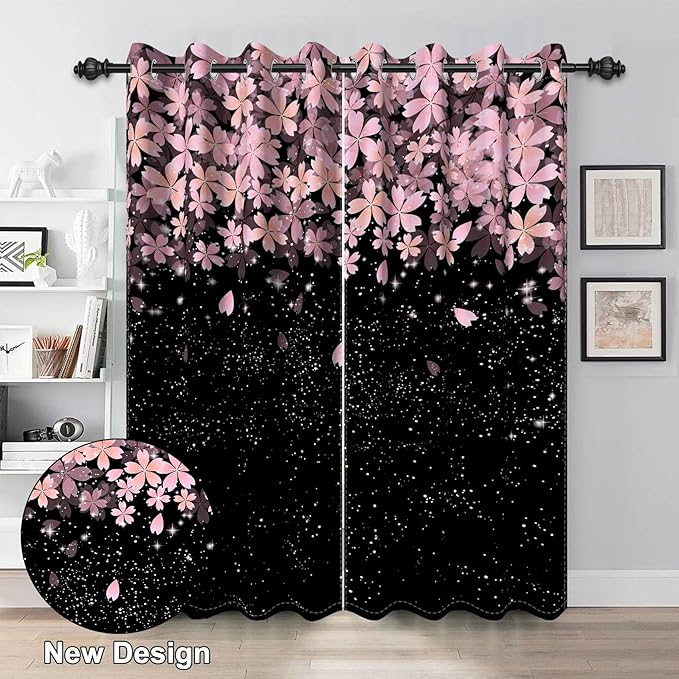 Renaiss Pink Cherry Patels Blackout Curtains, Japanese Cherry Flowers Thermal Insulated Bedroom Window Curtains, Black Floral Bossom Window Drapes for Living Room, 96" L x 53" W 2 Panel Set