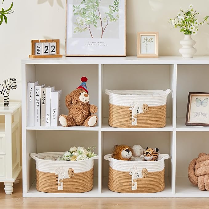 Storage Bins Woven Baskets for Storage Set of 3, Cotton Rope Basket with Handles for Toys/Shelves/Laundry, Rectangle Multi-Purpose Organizer for Living Room, Bedroom, Nursery (Giraffe)