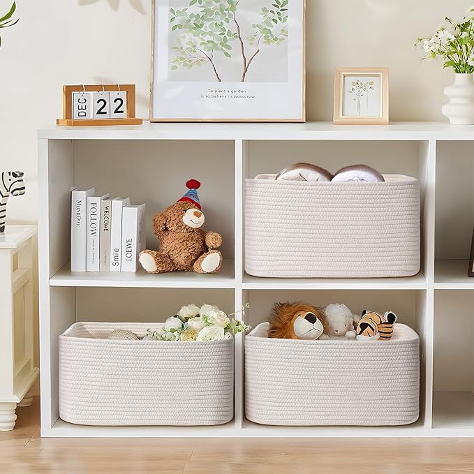 4 Pack Large Storage Basket for Organizing, 17.5"x13.5"x7.5" Woven Basket for Shelves, Closet Cube Storage Bins with Wrapped Handle, Cotton Rope Baskets for Kitchen, Clothes, Toys(Off White)