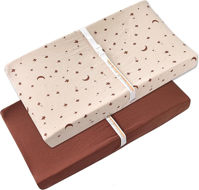 Changing Pad Cover for Baby Girls Boys - 100% Organic Cotton Muslin Changing Pad Sheets with Secure 360° Elastic Fit, Ultra-Soft for Delicate Skin, 2 Pack