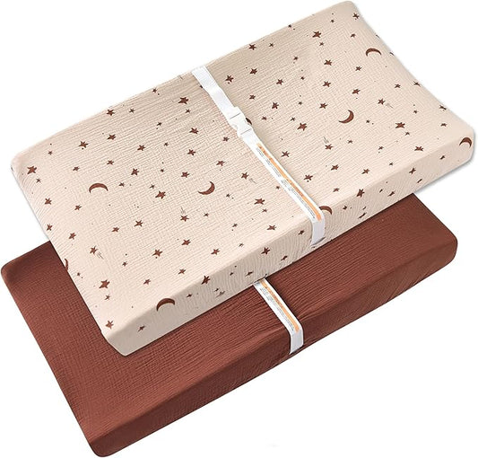 Changing Pad Cover for Baby Girls Boys - 100% Organic Cotton Muslin Changing Pad Sheets with Secure 360° Elastic Fit, Ultra-Soft for Delicate Skin, 2 Pack