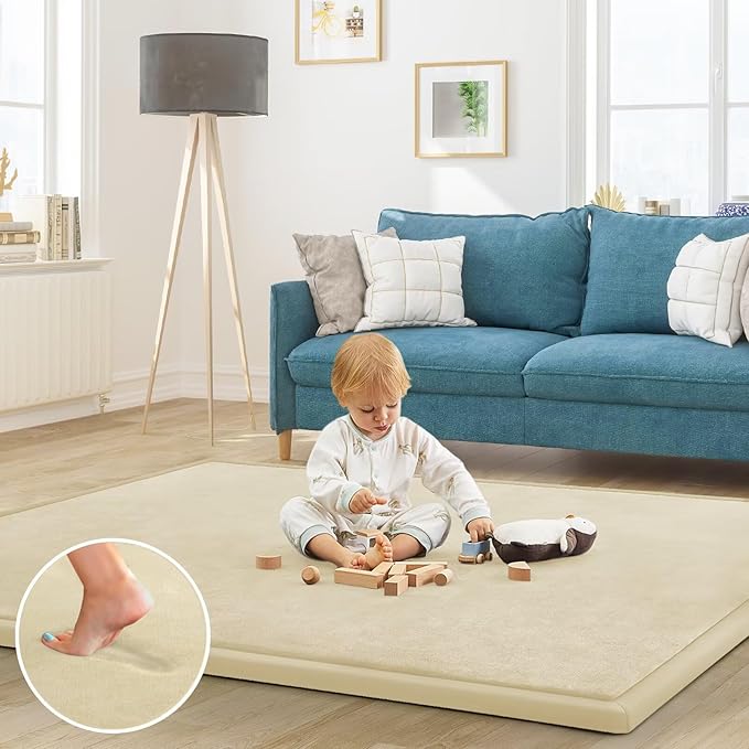 Baby Play Mat for Floor Tummy Time Mat Nursery Rug Muscle Mat Area Rug Playroom Rug Tatami Mat 6'7"x6'7" Memory Foam 1.3" Thick Crawling Mat for Babies,Toddlers(Light Beige)