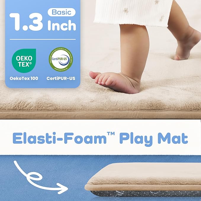 1.3" Thick Baby Bedside Floor Mat for Bedroom, Basic Padded Foam Soft Plush 28x72 Runner Rug with Non Slip Cushioned for Nursery Playroom (Beige)