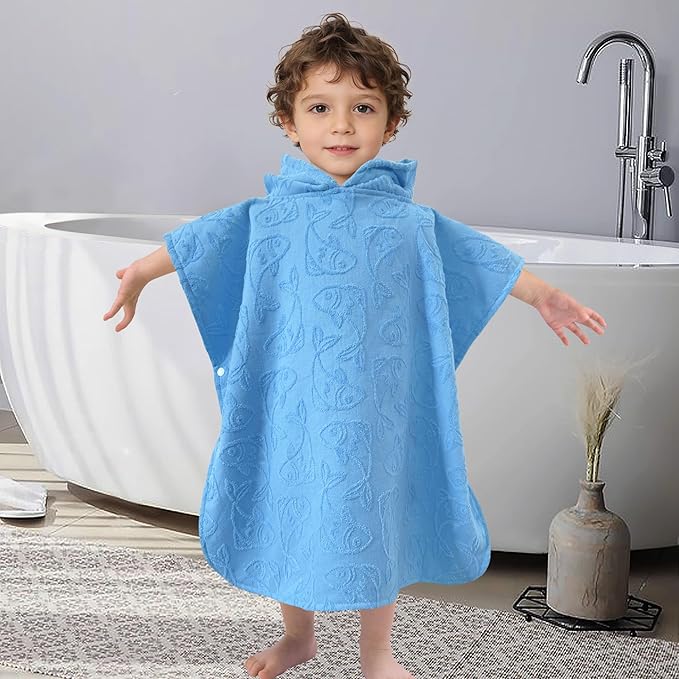 Toddler Bath Towels with Hood, Oversized (2-4Years,22"X22") Made from 100% Soft Cotton,Absorbent Hooded Poncho Towel for Baby Boy,Perfect for Pool | Swimming | Bath | Beach,Jacquard Blue Fish