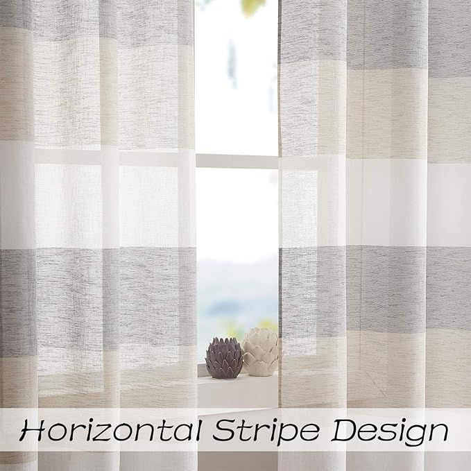 Central Park Gray Tan Stripe Sheer Color Block Window Curtain Panel Linen Texture Window Treatment for Bedroom Living Room Farmhouse 102 Inches Long with Grommets, 40"x102"x2