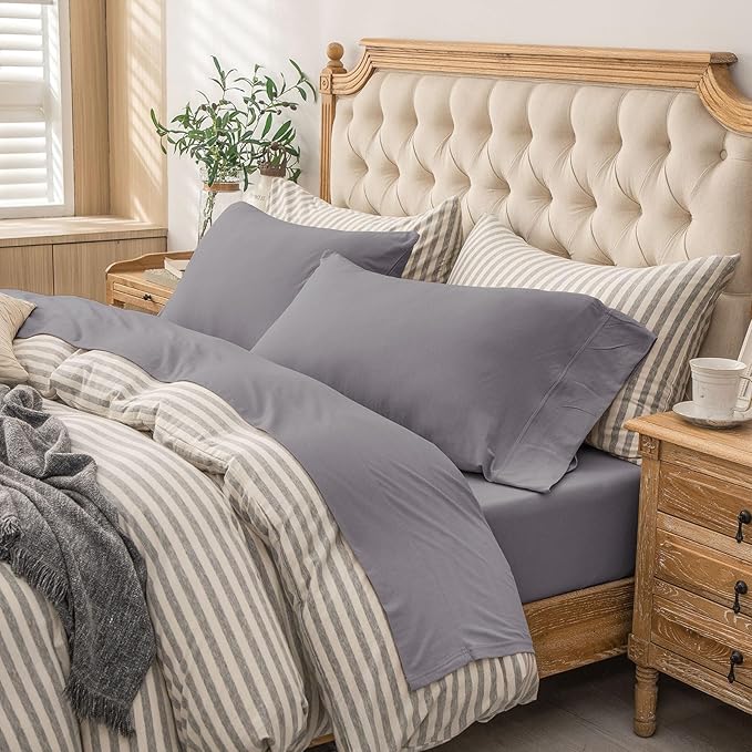 PURE ERA Jersey Knit 4pc Bed Sheet Set 100% T-Shirt Cotton Super Soft Comfy Breathable Fits Mattress Up to 20" Extra Deep Pocket (Solid Grey Purple, King)