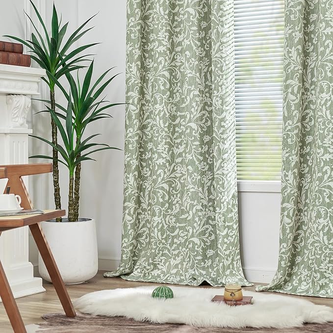 jinchan Blackout Curtains for Bedroom, Green Scroll Floral Patterned Curtains 84 Inch Length for Living Room, Farmhouse Vintage Art Deco Drapes, Thermal Insulated Window Curtains Grommet 2 Panels