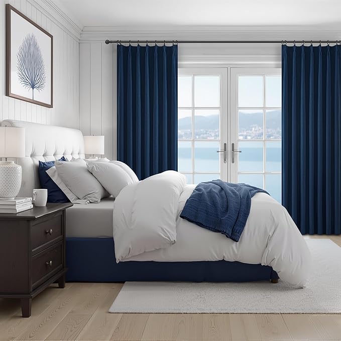 Navy Blue Blackout Curtains 84 Inch Length for Kids/Boys Rooms/Bedroom, Pinch Pleated Drapes with Hooks Viral Linen Thermal Coastal Curtain Dark Blue Window Burg (40" Wx84 Lx 2 Panels)
