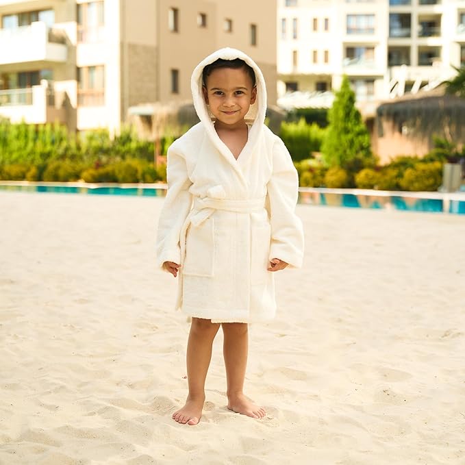 BAGNO MILANO Kids Organic Turkish Cotton Hooded Beach Cover-Up Towel, GOTS Certified, for Boys and Girls (Cream, 7-8 Years)