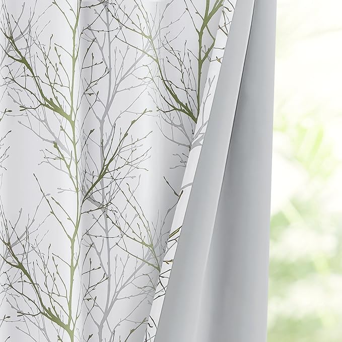 FMFUNCTEX 100% Blackout Curtains Sage Green Tree Liner Curtains for Bedroom, Branch Partterned Curtains 84 inch Length for Living Room, Room Darkening Thermal Insulated Drapes, Grommet Top 2 Panels