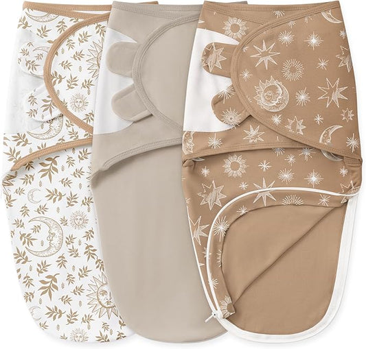 Baby Swaddles for Newborns with Zipper, 100% Cotton Newborn Swaddle Sack, 3 Pack Baby Swaddles 3-6 Months Swaddle Sleep Sack for Newborn Baby Boy Girl Brown Sun