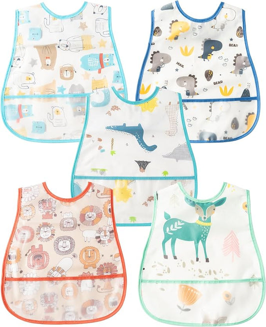 R HORSE 5Pcs Baby Bibs Set Toddler Bibs with Crumb Catcher Pocket & Snap Button Waterproof Baby Feeding Bibs for 6-24 Months