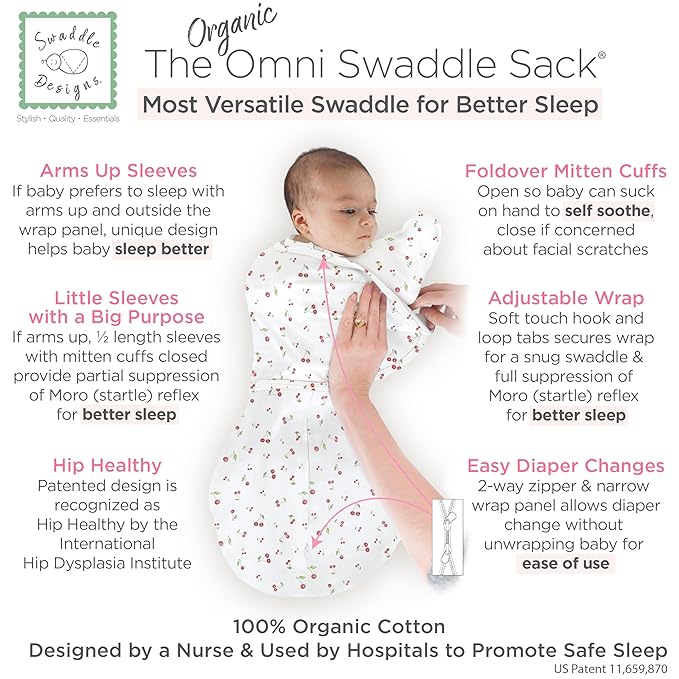 SwaddleDesigns Organic 6-Way Omni Swaddle Sack Arms Up Swaddle for Newborn, More Options to Calm Startle Reflex, Improves Sleep, 12-18 lbs, Watercolor Little Cherries