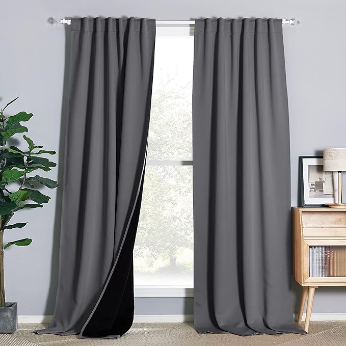 NICETOWN Total Shade Curtains and Draperies for Large Window, Heavy-Duty Full Light Shading Drapes with Black Liner Backing for Villa/Hall/Dorm (Gray, Package of 2, 52-inch Wide x 108-inch Long)