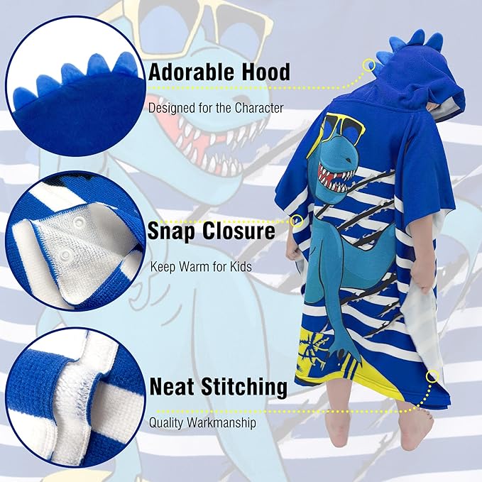 Hooded Kids Beach Towels - Toddler Bath Towel Girls Boys Swim Cover-ups for Ages 4 to 10 Kids Pool Towels Quick Dry Lightweight Soft Microfiber Poncho 30x30 with Bag (Navy Dinosaur)