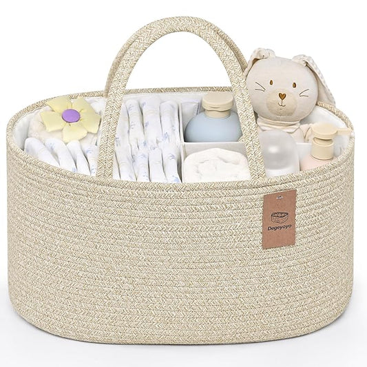 19L Baby Diaper Caddy Organizer, 16.8"x9.8"x9" Cotton Rope Diaper Basket, Changing Table Storage Caddy With Removable Divider, Baby Basket for Nursery, Car, Diapers, Baby Shower Gifts for Newborn