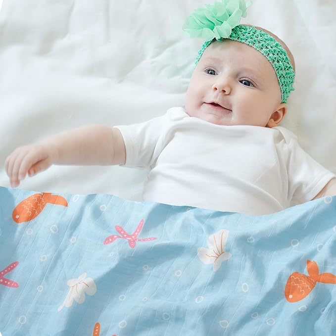 2-Pack Seashell Print Baby Swaddle Blankets, Soft & Breathable Muslin Swaddle for Newborns, 47 x 47 Inches, Unisex